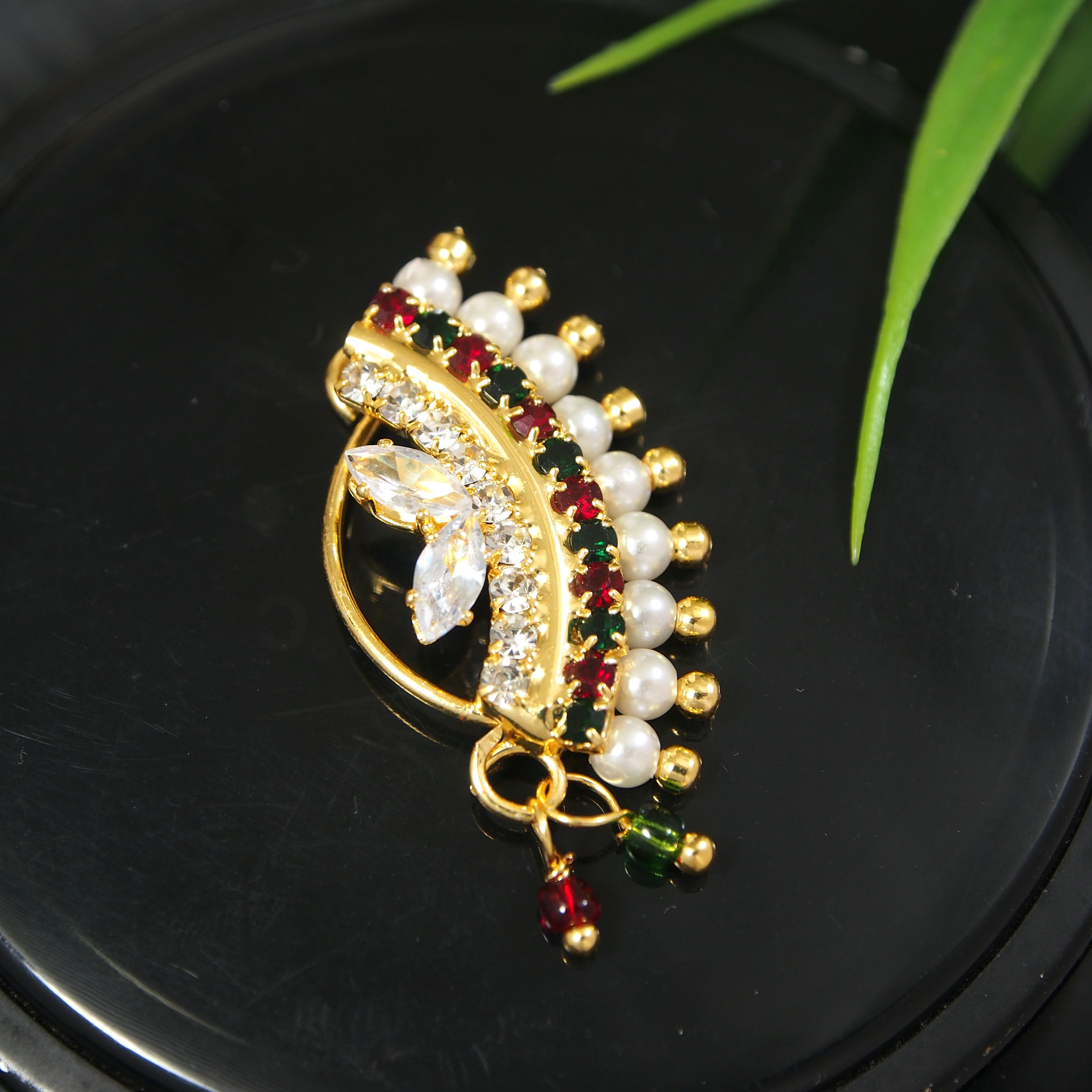 Gold Plated Traditional Ethnic Bridal Maharashtrian Nath Without Piercing Encased With Pearl Stone For Women/Girls